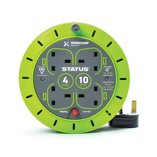10 Mtr - 13 amp - 4 Socket Outlet with Thermal Cut Out - Green - Cassette Reel - 1 pk