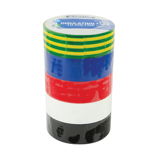 10 Mtr - PVC Electrical Tape - Mixed Colours (Black Blue Red White Green/Yellow) - 5 pk - Shrink Wrapped - in Colour CDU