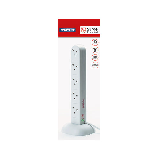 10 way - 2 Mtr - Surge Protected - Tower Extension Socket - White - Neon Indicator - Plug - 1 pk - in Glossy Retail Box