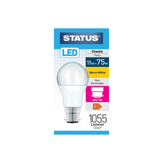 11w = 75w = 1055 lumens - LED - A60 GLS - B22 - PA - Pearl - Warm White - 1 pk box - in White CDU
