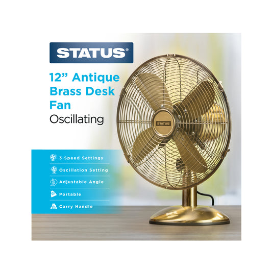12" Antique Brass Desk Fan - Oscillating - 3 Speed Settings - 1 pk - in Glossy Retail Box