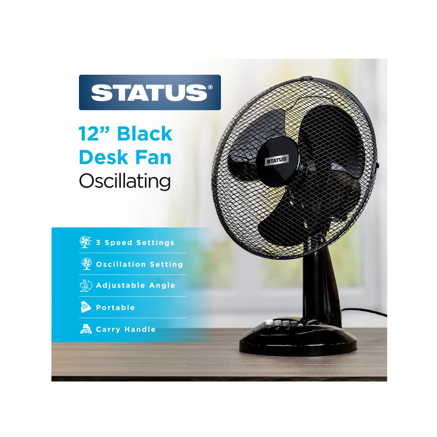 12" Black Desk Fan - Oscillating - 3 Speed Settings - 1 pk - in Glossy Retail Box