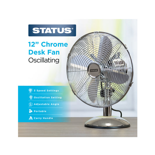 12" Chrome Desk Fan - Oscillating - 3 Speed Settings - 1 pk - in Glossy Retail Box