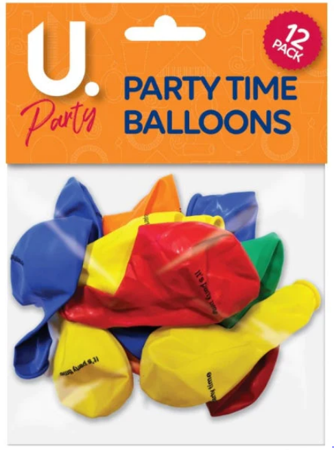 12 Pack High Quality 'It's Party Time' Party Balloons Assorted Colours