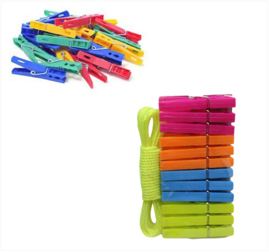 12 Pack Plastic Clothes Pegs With Rope Outdoor Washing Clothes Line Pegs