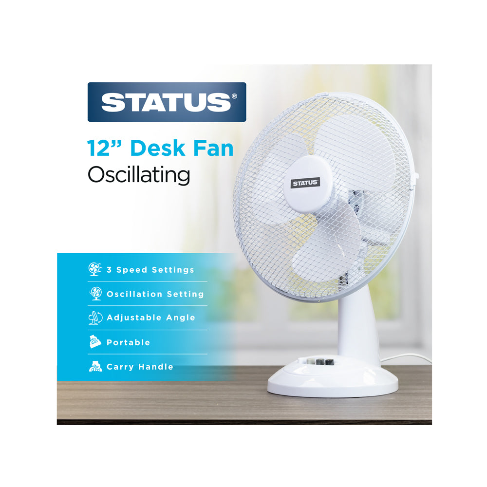 12" White Desk Fan - Oscillating - 3 Speed Settings - 1 pk - in Glossy Retail Box