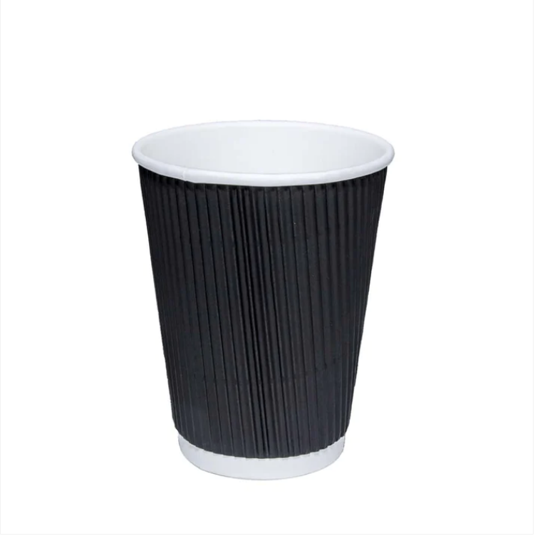 12oz 340ml Black Recyclable Ripple Paper Cups With Lids Pack of 6