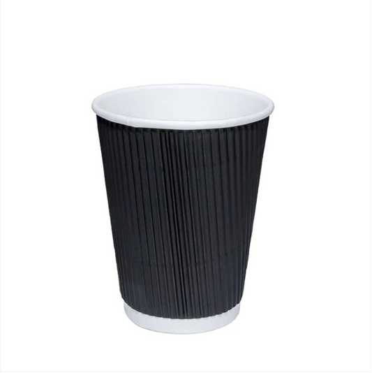 12oz 340ml Black Recyclable Ripple Paper Cups With Lids Pack of 6