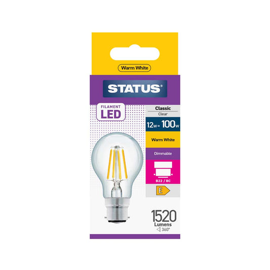 12w = 100w = 1521 lumens - Dimmable - Filament LED - GLS - BC - Clear - Warm White - 1 pk box - in White CDU