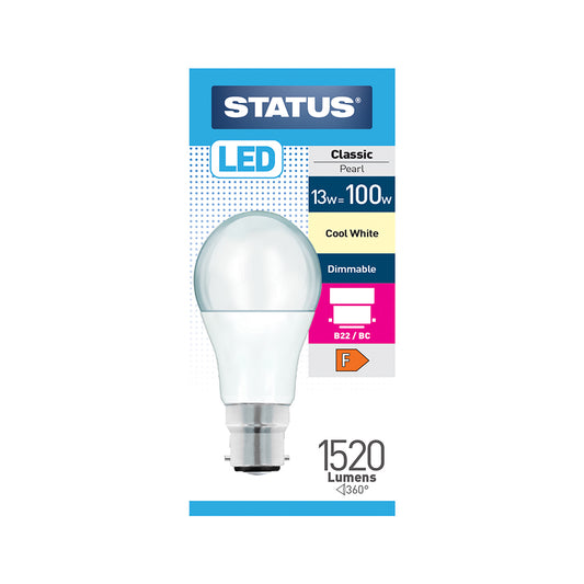13w = 100w = 1521 lumens - Dimmable LED - GLS - B22 - PA - Pearl - Cool White - 1 pk box - in White CDU
