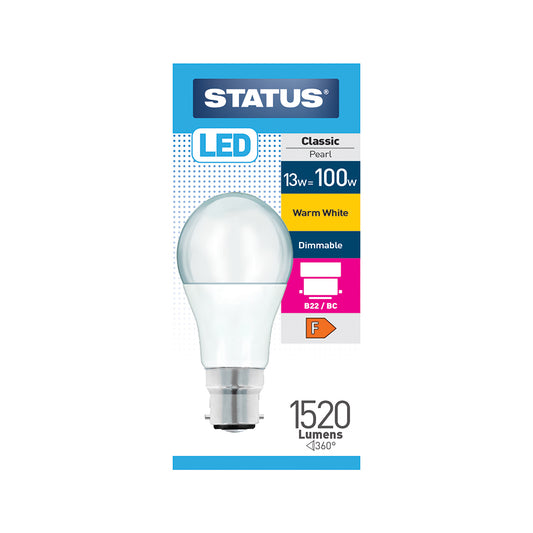 13w = 100w = 1521 lumens - Dimmable LED - GLS - B22 - PA - Pearl - Warm White - 1 pk box - in White CDU