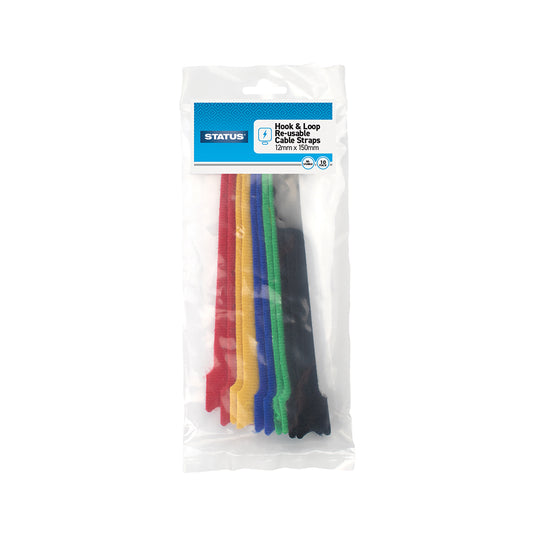 150mm - Mixed Colour - Hook & Loop Ties - 10 pk - in Poly Bag - in Colour CDU