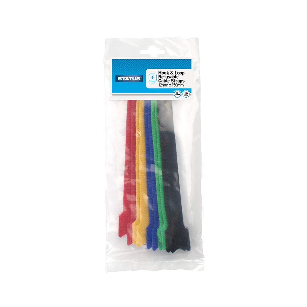 150mm - Mixed Colour - Hook & Loop Ties - 10 pk - in Poly Bag