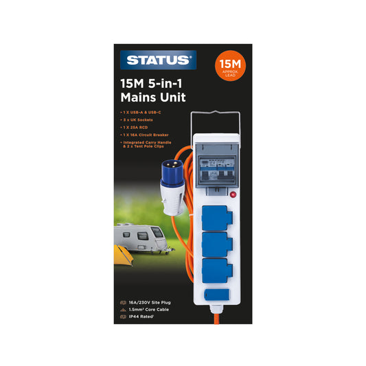 15M - 1.5mm - 16 Amp - 5 in 1 - Caravan and Camping Mains Site Power Supply Unit - 3 x UK BS Sockets -1 x USB A - 1 x USB C - integrated carry handle - 2 x Tent Pole Clips - 25 Amp RCD - 16 Amp Circuit Breaker - 230v - IP 44 - 1pk Box