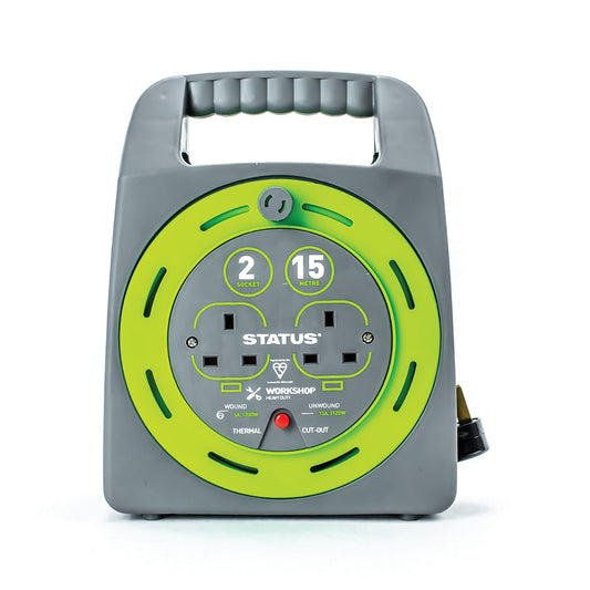 15 Mtr - 13 amp - "Hand Bag" - 2 Socket Outlet with Thermal Cut Out - Green - Cable Reel - 1 pk