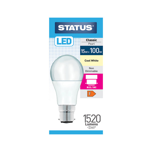 15w = 100w = 1520 lumens - LED - A60 GLS - B22 - PA -Pearl - Cool White - 1 pk box - in White CDU