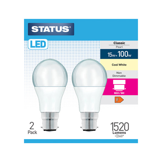 15w = 100w = 1520 lumens - LED - A60 GLS - B22 - PA - Pearl - Cool White - 2 pk box - in White CDU