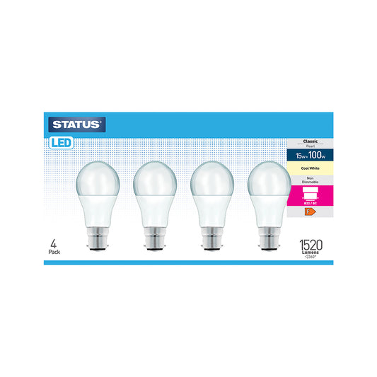 15w = 100w = 1520 lumens - LED - A60 GLS - B22 - PA - Pearl - Cool White - 4 pk box - in Brown Box