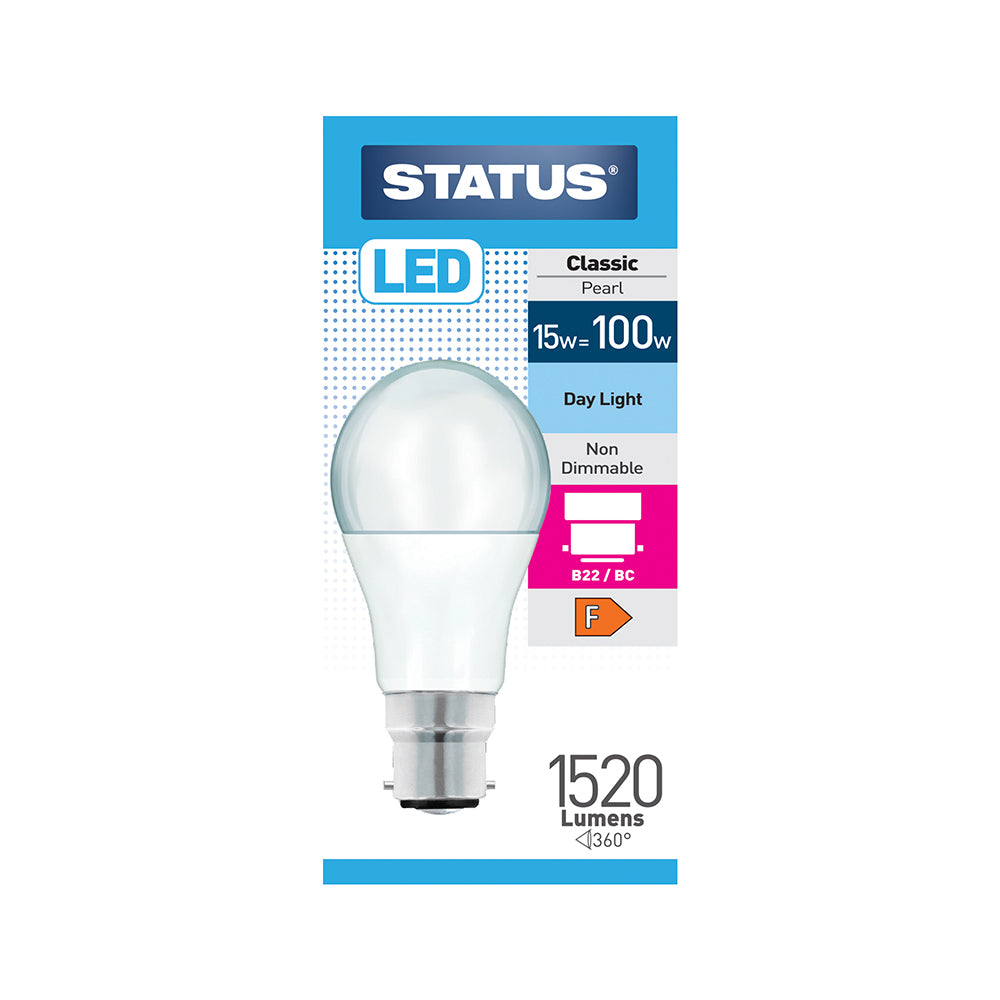 15w = 100w = 1520 lumens - LED - A60 GLS - B22 - PA -Pearl - Day Light - 1 pk box - in White CDU