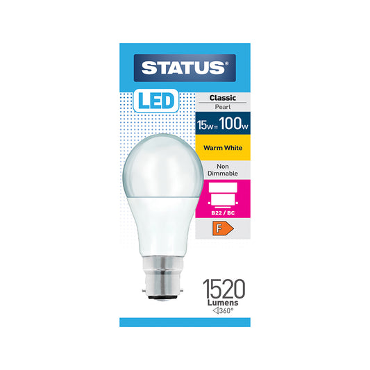 15w = 100w = 1520 lumens - LED - A60 GLS - B22 - PA -Pearl - Warm White - 1 pk box - in White CDU
