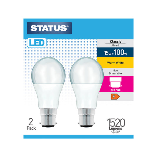 15w = 100w = 1520 lumens - LED - A60 GLS - B22 - PA - Pearl - Warm White - 2 pk box - in White CDU