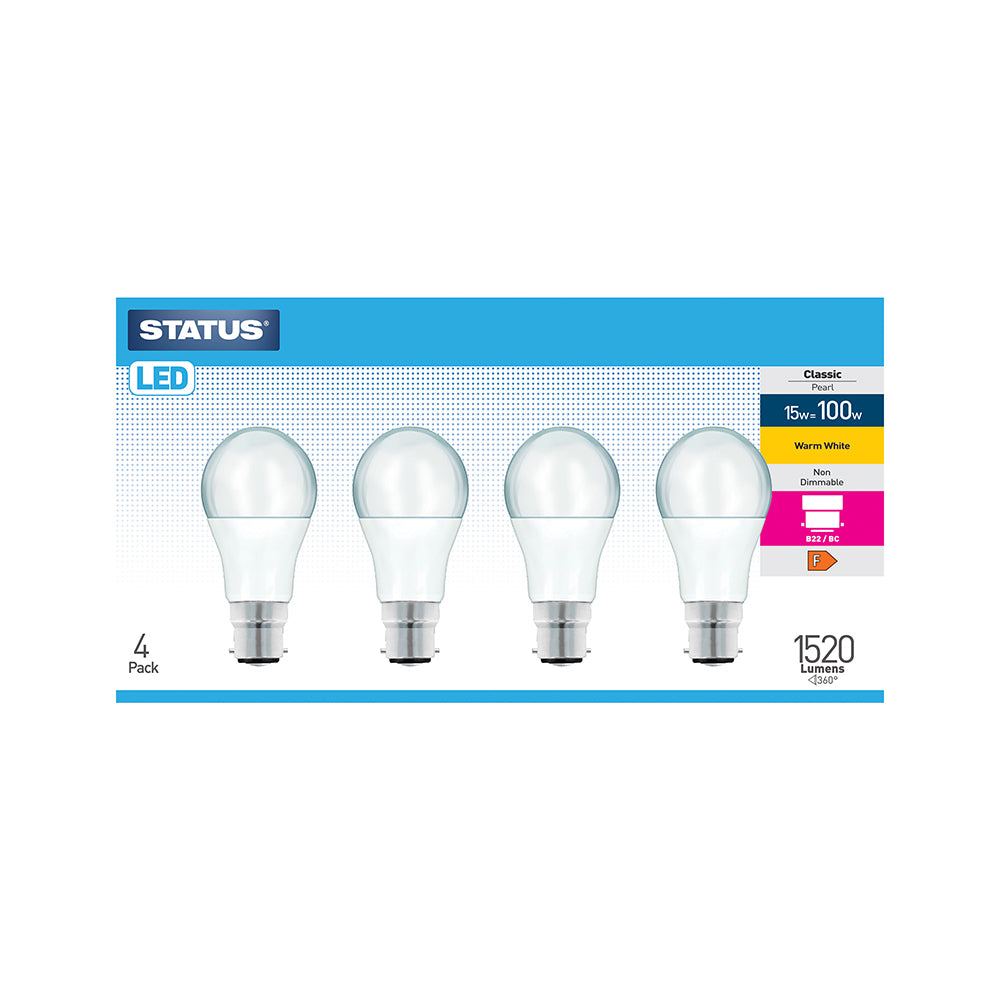 15w = 100w = 1520 lumens - LED - A60 GLS - BC - PA - Pearl - Warm White - 4 pk box - in Brown Box