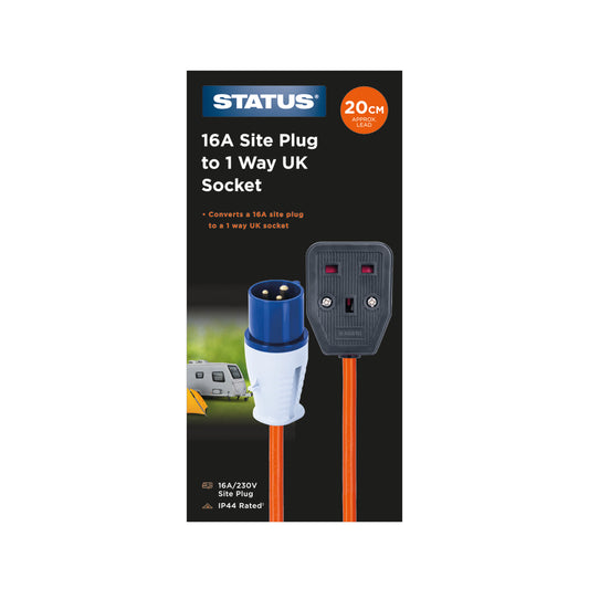 16 Amp - Mains - Round 3 Pin Site Plug to UK 1 Way BS Socket - 20cm Orange Cable - Conversion Hook Up Lead - 230v - IP44 -1 pk Box