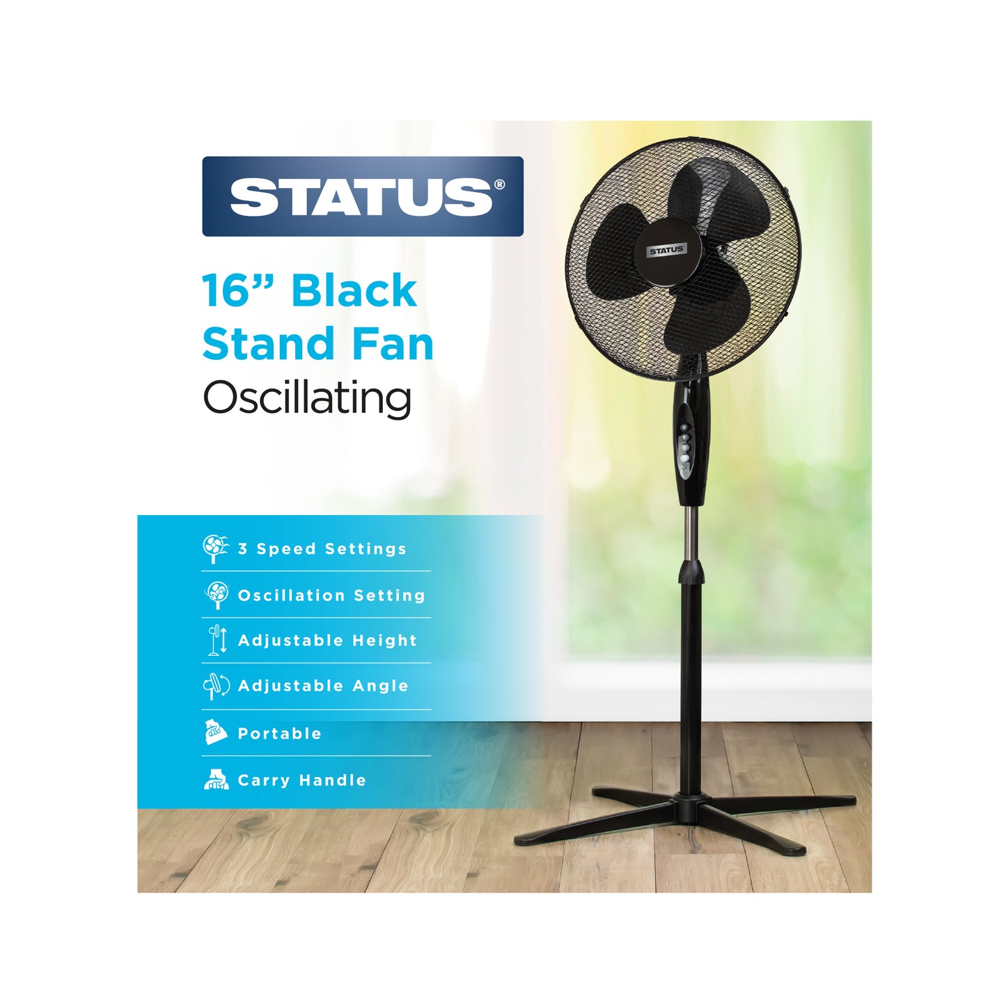 16" Black Stand Fan - Oscillating - 3 Speed Settings - 1 pk - in Glossy Retail Box
