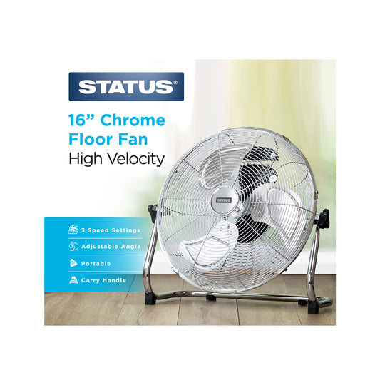 16" Chrome Floor Fan - High Velocity - 3 Speed Settings - 1 pk - in Glossy Retail Box