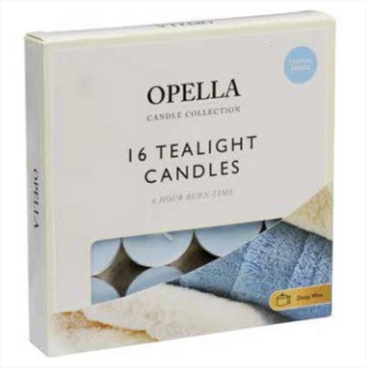 16 Opella Tealight Candles 8 Hour Long Burn Cotton Breeze