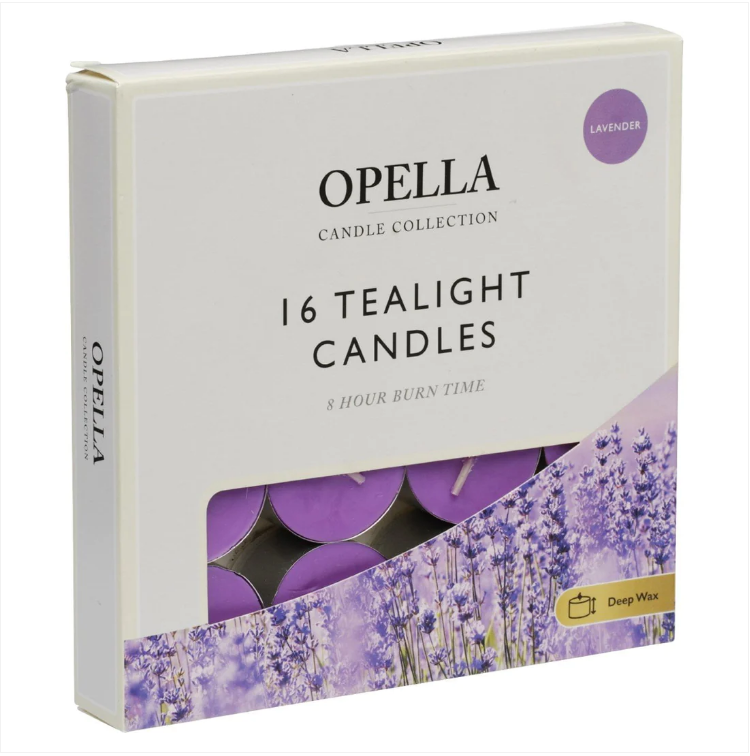 16 Opella Tealight Candles 8 Hour Long Burn Lavender