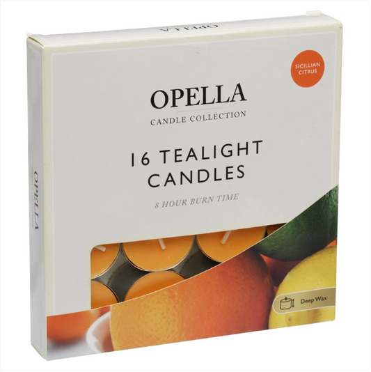 16 Opella Tealight Candles 8 Hour Long Burn Sicillian Citrus