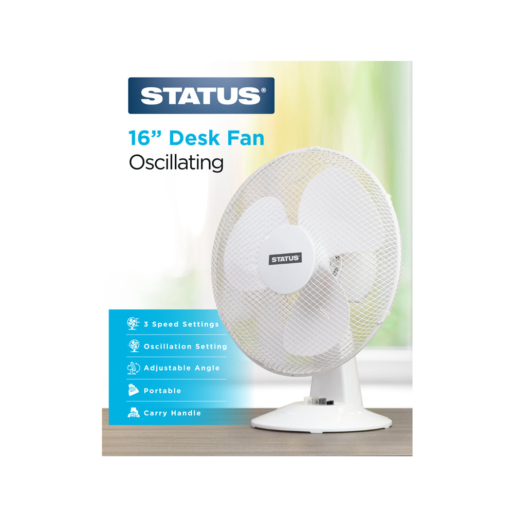 16" White Desk Fan - Oscillating - 3 Speed Settings - 1 pk - in Glossy Retail Box