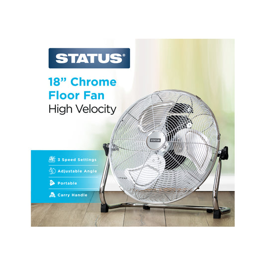 18" Chrome Floor Fan - High Velocity - 3 Speed Settings - 1 pk - in Glossy Retail Box