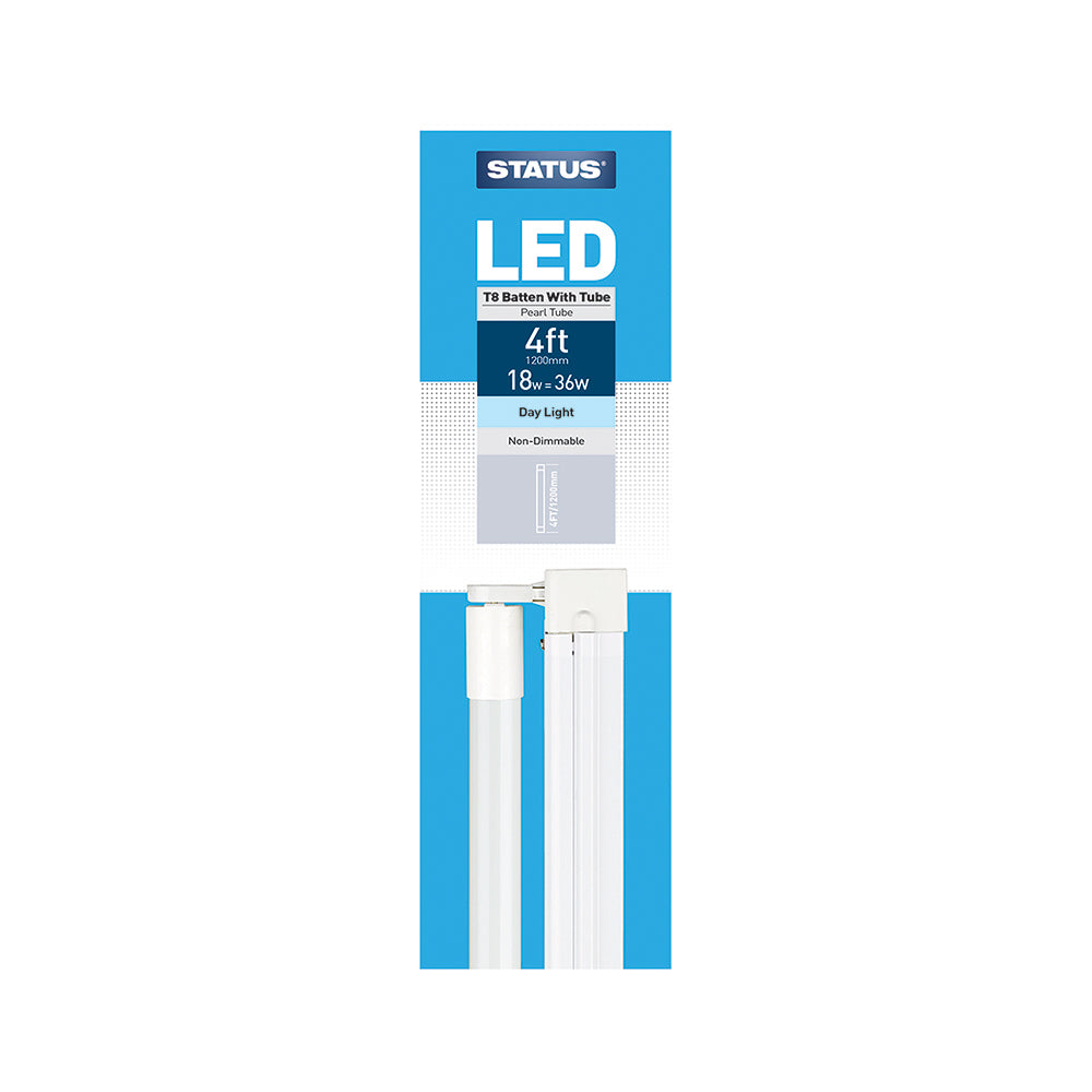 18w = 2000 lumens - LED - 4ft T8 Tube Daylight - Batten Fitting - Pearl - 1 pk box