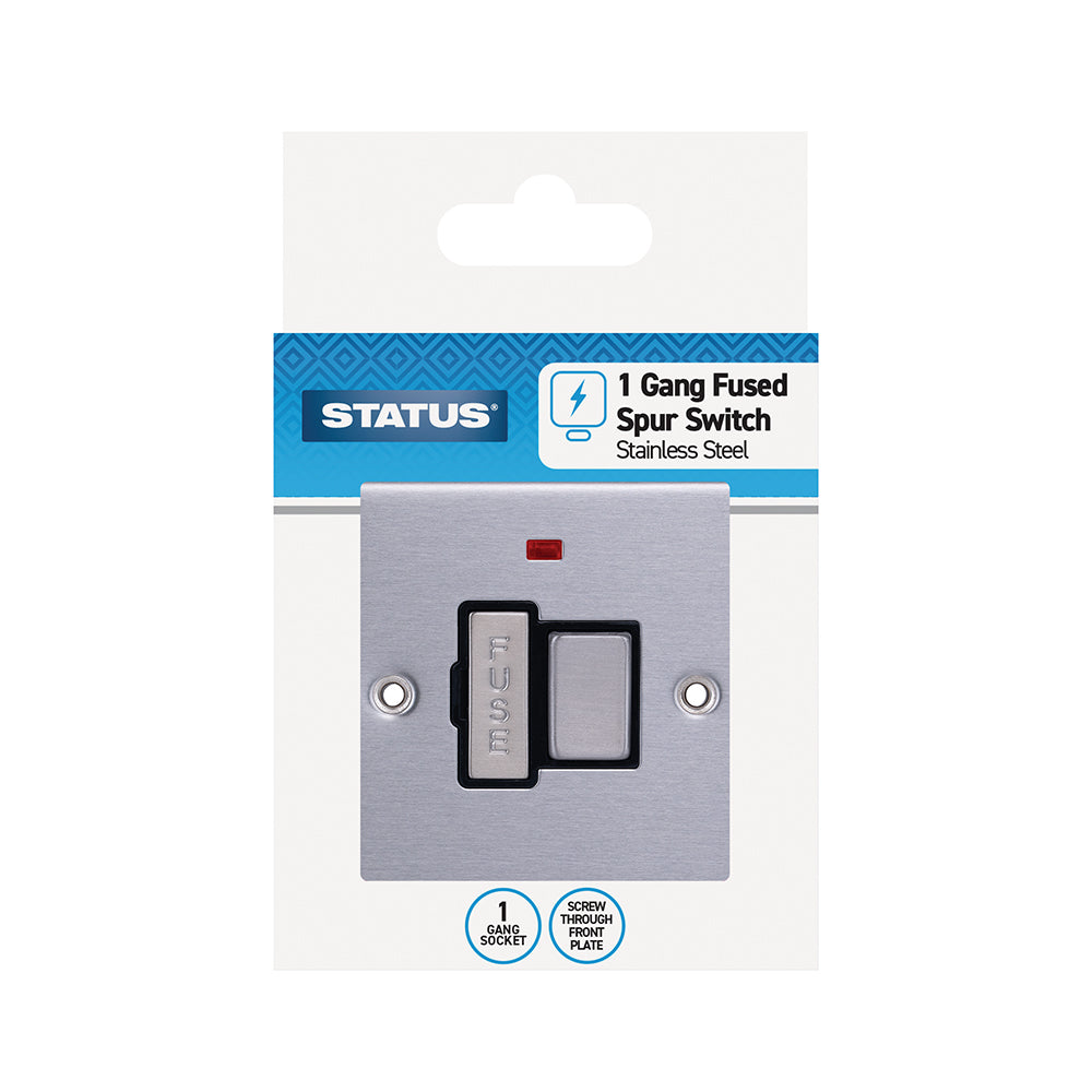 1 gang - 13A - Stainless Steel Screw Through - Fused Spur Switch - 1 pk - in a Clam Shell