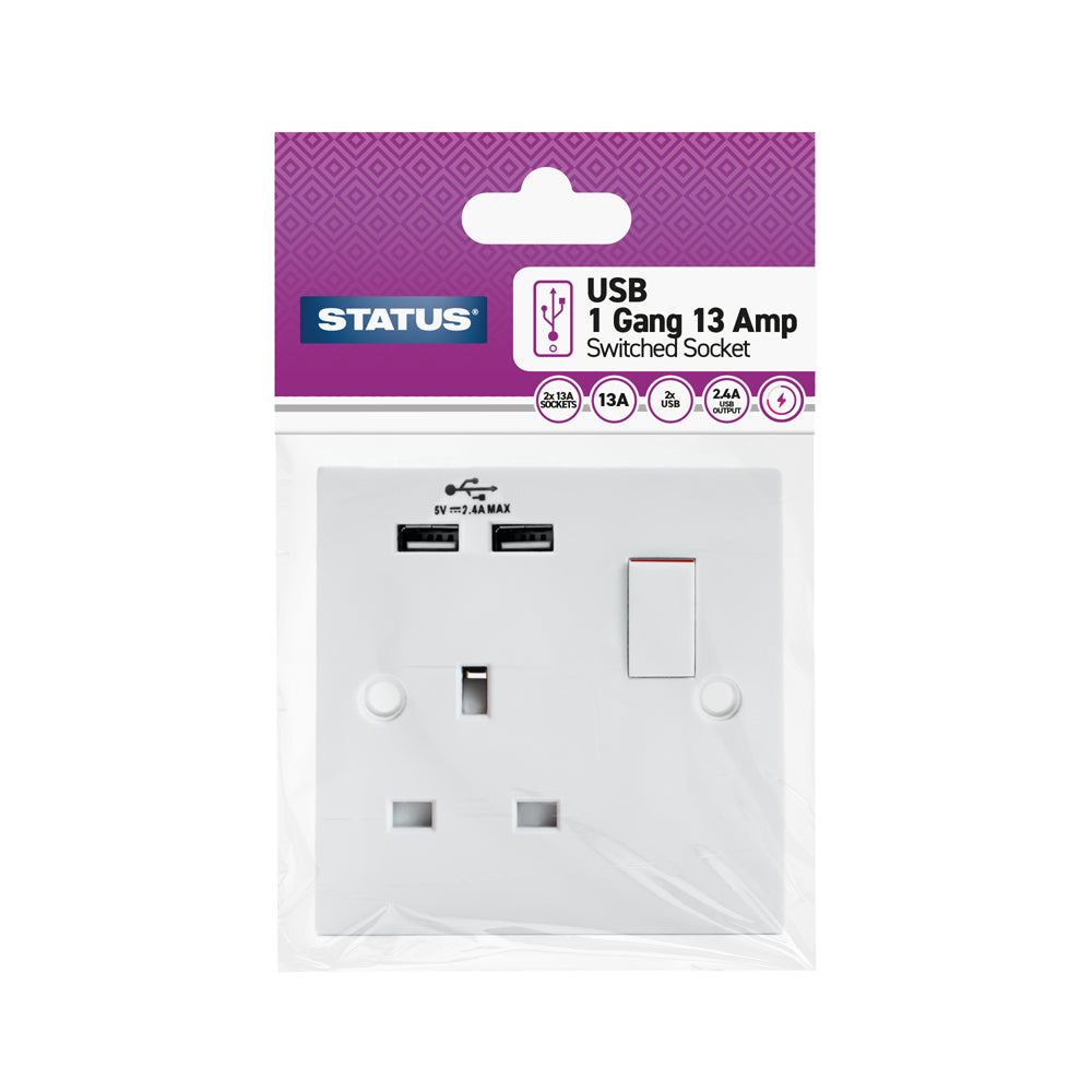 1 gang - 13 amp - 2 x USB Charging Port - Wall Socket - White - 1 pk - in Poly Bag / Header Card