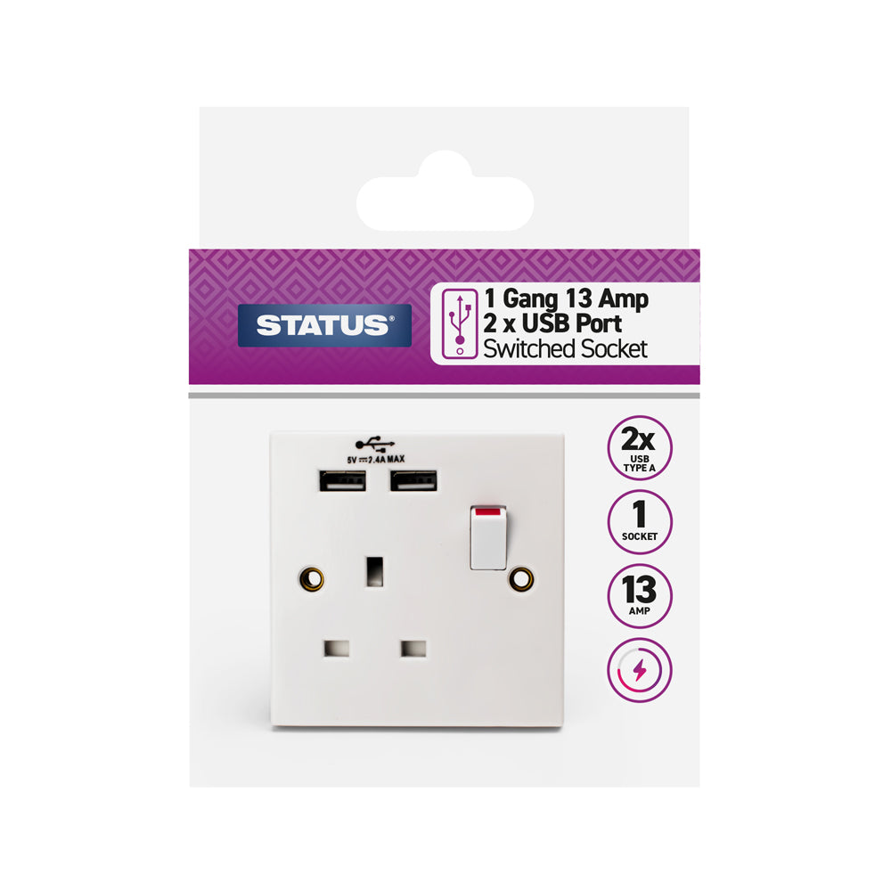 1 gang - 13 amp - 2 x USB Charging Port - Wall Socket - White - 1 pk Box