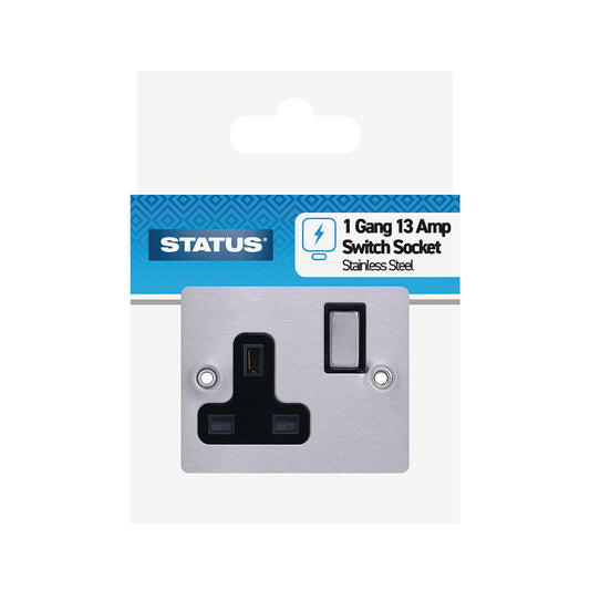 1 gang - 13 amp - Stainless Steel Screw Through - Wall Socket - Switched - 1 pk - in a Clam Shell