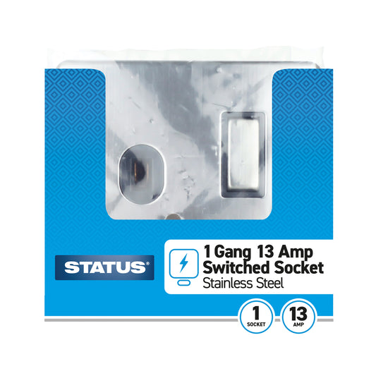 1 gang - 13 amp - Stainless Steel Screwless - Wall Socket - Switched - 1 pk - in Poly Bag - in Colour CDU