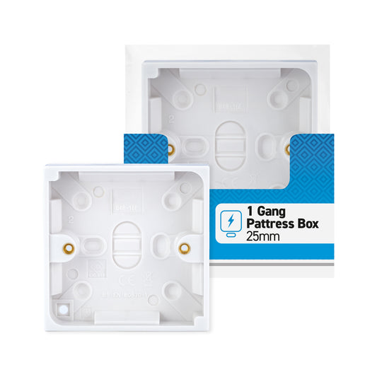 1 gang - 25mm - Pattress Box - White - 1 pk - in Poly Bag - in Colour CDU