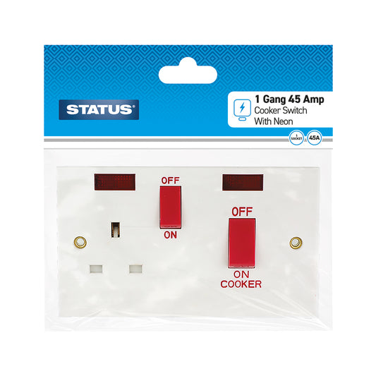 1 gang - 45 amp - Cooker Switch - 2 x neon - White - 1 pk - in Poly Bag / Header Card