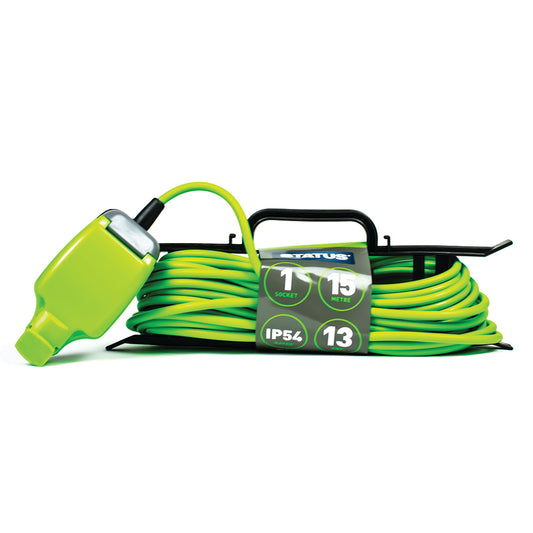 1 way - 15 Mtr - Extension Socket - IP54 - Green Cable - Black Plug - 1 Pk H Frame Wrap Card -