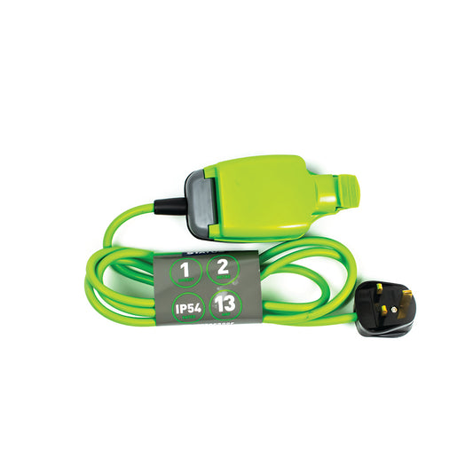1 way - 2 Mtr - Extension Socket - IP54 - Green Cable - Black Plug - 1 Pk Wrap Card -
