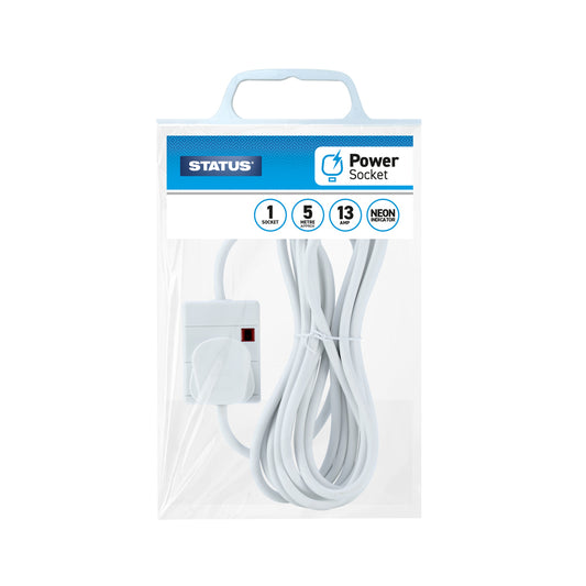 1 way - 5 Mtr - Extension Socket - White - Neon Indicator - Plug - 1 pk - in Poly Bag with Handle