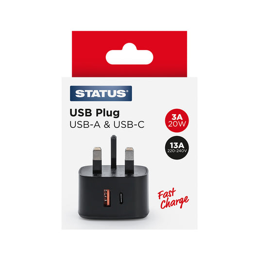 1 x Twin USB A & C Fast Charging Port Power Adaptor - Black Plug - 20W - 1 pk - in a Colour Box