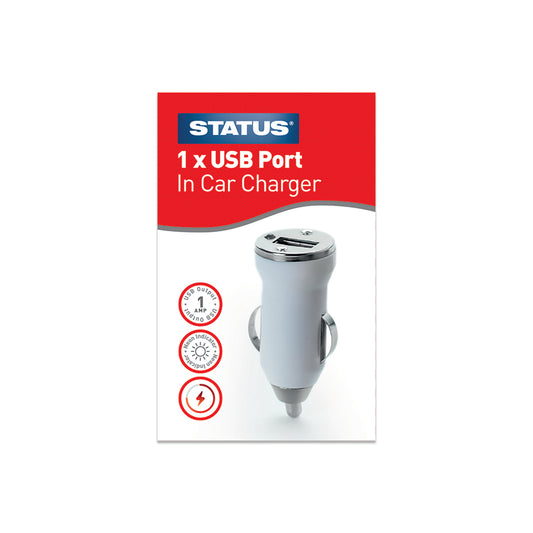 1 x USB - In Car Charger - 12v - 1 mA - White - 1 pk - in a Box