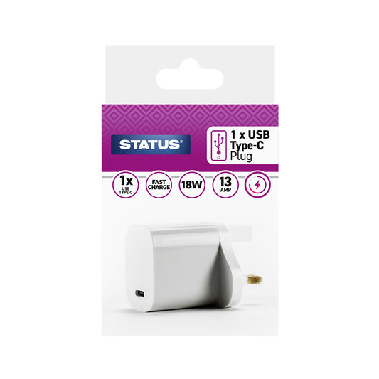 1 x USB C Charging Port - "Fast Charge" - Power Deilvery (PD) Adaptor - White Plug - 3 mA - 18w - 1 pk - Colour Box