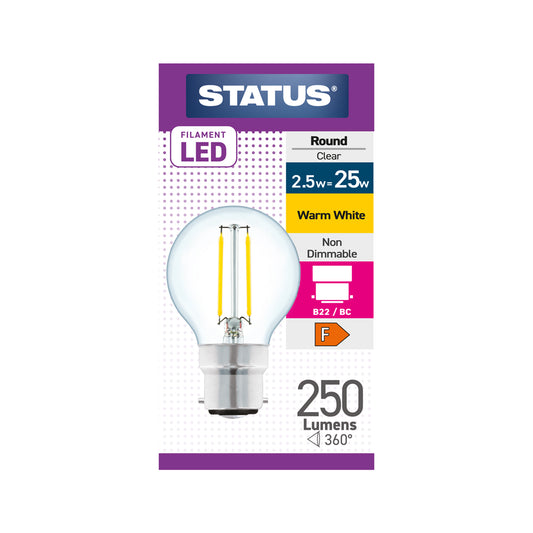 2.5w = 25w = 270 lumens - Filament LED - Round - BC - Clear - Warm White - 1 pk box - in White CDU