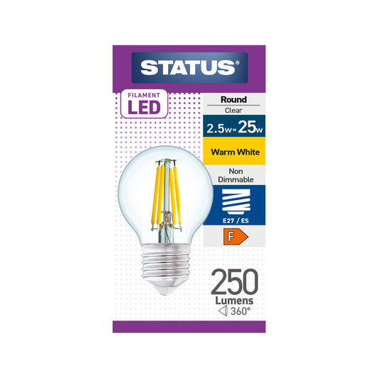 2.5w = 25w = 270 lumens - Filament LED - Round - ES - Clear - Warm White - 1 pk box - in White CDU